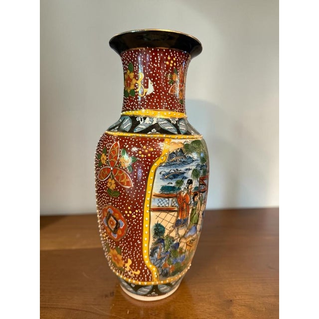 Japanese Satsuma Vase with Court Scene, Moriage Decoration, c. 1920 An elegant hand-painted Japanese Satsuma vase, richly...