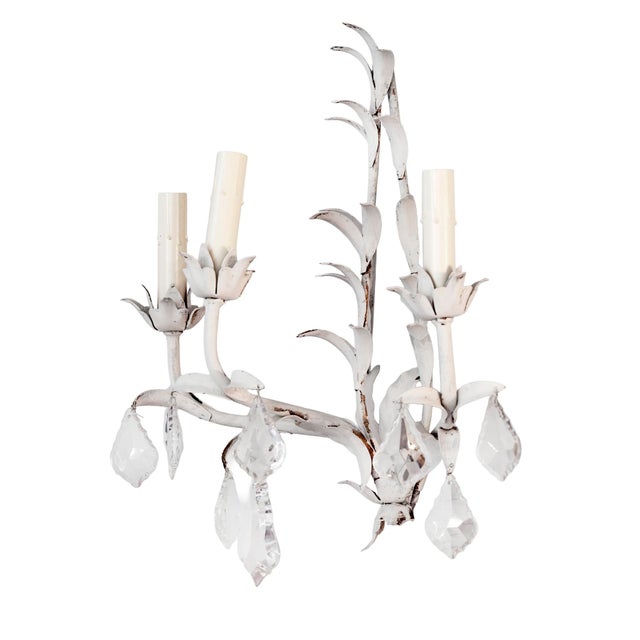 1960s Italian Painted Metal & Crystal Wall Sconces /Three Lights - a Pair For Sale In Los Angeles - Image 6 of 12