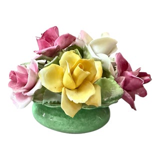 Vintage Crown Staffordshire Floral Bouquet, Fine Bone China, Green Bowl, England For Sale