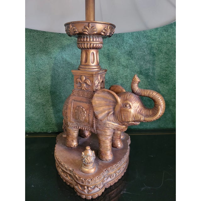 Vintage Frederick Cooper Lucky Gold Elephant Trunk Up White Shade Table Lamp For Sale - Image 9 of 10