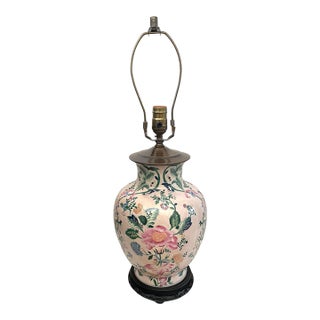 Vintage Chinese Pink Peony Porcelain Table Lamp. Wood Base. Chinoiserie For Sale