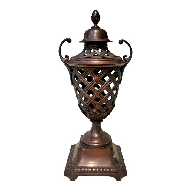 Vintage Bronze Open Weave Urn With Handles For Sale