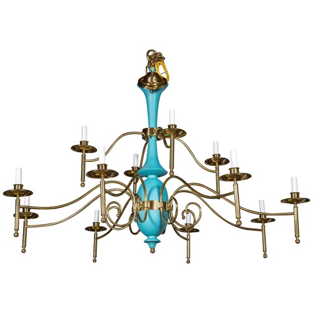 Large Department Store Chandelier, Robin's Egg Blue and Brass For Sale - Image 9 of 9