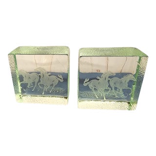 1960s Mid Century Modern Etched Horses on Glass Bookends - a Pair For Sale