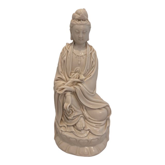 Vintage Blanc De Chine Porcelain Guanyin Statue, 12” For Sale