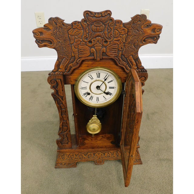 New Haven Antique Lion Carved Oak Gingerbread Kitchen Clock