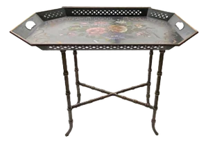 Vintage 1950s Lacquered Faux Bamboo Tray Table – Tole Metal End Table | Mid-Century Home Décor