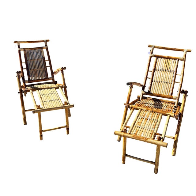 Traditional Early 20th Century Restored Aesthetic Movement Tiger Bamboo Garden/Patio Fold Lounge Recliner, Pair For Sale - Image 3 of 10