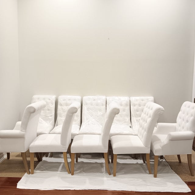 High Quality Velvet Upholstered High Back and Rolled Top Dining Chairs - Set of 10 For Sale - Image 11 of 18