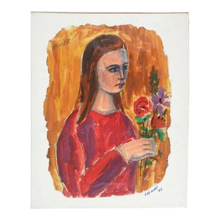 Vintage Mid 20th Century Modernist Woman & Flowers Portrait Painting For Sale