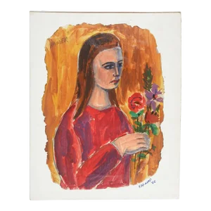 Vintage Mid 20th Century Modernist Woman & Flowers Portrait Painting