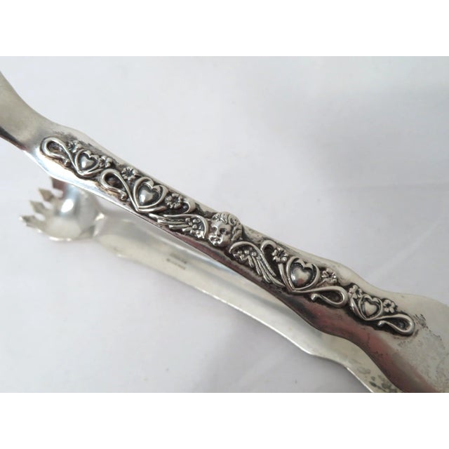 Metal Antique Solid Sterling Silver Ice Tongs With Hearts Winged Angels For Sale - Image 7 of 13