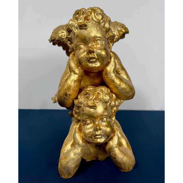 Gold Set of 3 Vintage Hollywood Regency Gilded Cherub Putti Sculptures - Cast Composite Angels For Sale - Image 8 of 9
