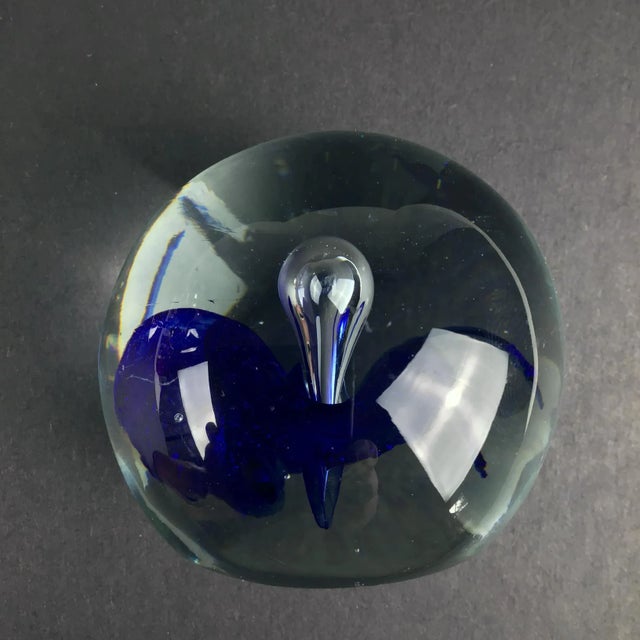 Glass 1980s Ball Cobalt Water Lily Design Crystal Paperweight For Sale - Image 7 of 9