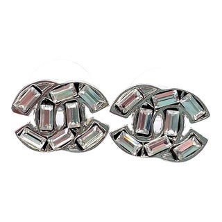 Chanel Silver CC Baguette Small Piercing Earrings - 2 Pieces For Sale