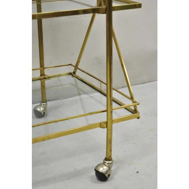 Mid Century Italian Modern 3 Tier Brass & Glass X-Frame Rolling Bar Cart Table For Sale - Image 10 of 12
