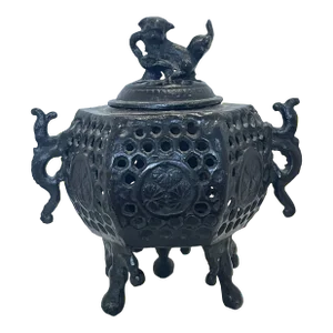Chinese Brown Foo Dog Lid Floral Bronze Incense Burner