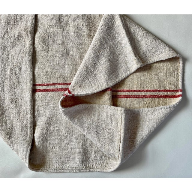 French Country Antique French Heavy Linen Red Stripe Feed Sack - For Sale - Image 3 of 7