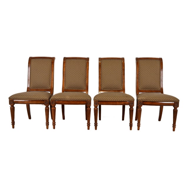 Ethan Allen French Regency Louis XVI Carved Cherry Wood Upholstered Dining Chairs, Set of Four For Sale