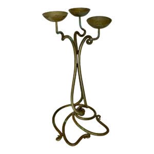 Vintage Hand Wrought Brass Three Arm Candleholder by Joe Spoon Metal Smith