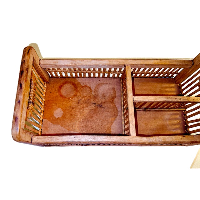 Tan Mid 20th Century Wooden Rattan Divided Basket Caddy With Handles - Storage, Decor, Office Accessory For Sale - Image 8 of 13