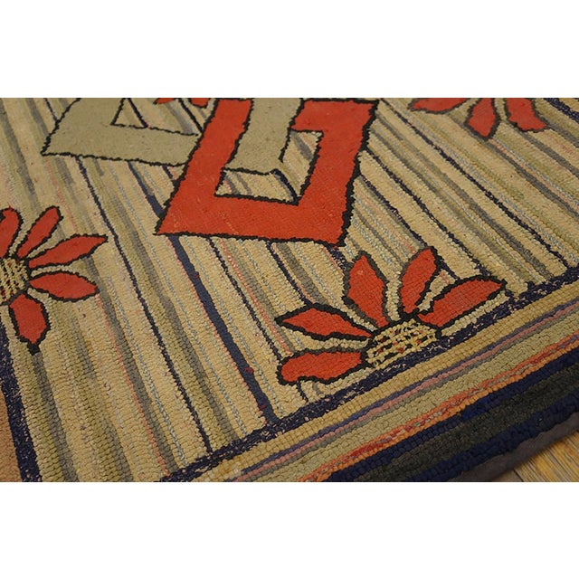 1900s Tan Camel Diamond Squares Folk Art Antique American Hooked Rug 2'8" X 4'0" Wool Carpet For Sale - Image 4 of 5