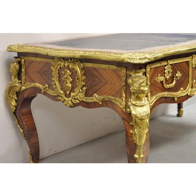 Wood Late 20th Century French Louis XV Style Figural Bronze Ormolu Leather Top Bureau Plat Writing Desk For Sale - Image 7 of 12