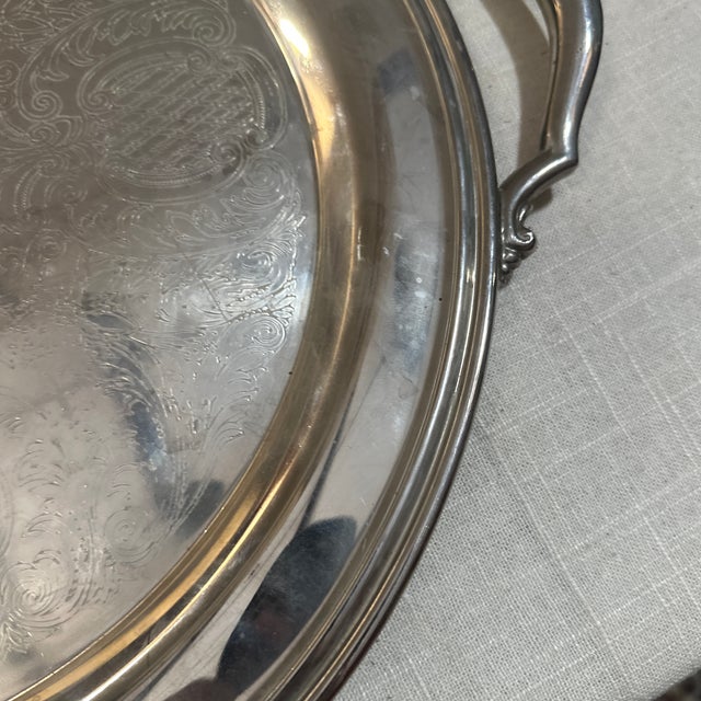 Metal Pair of 1970s Large Round Silver Etched Serving Trays For Sale - Image 7 of 8