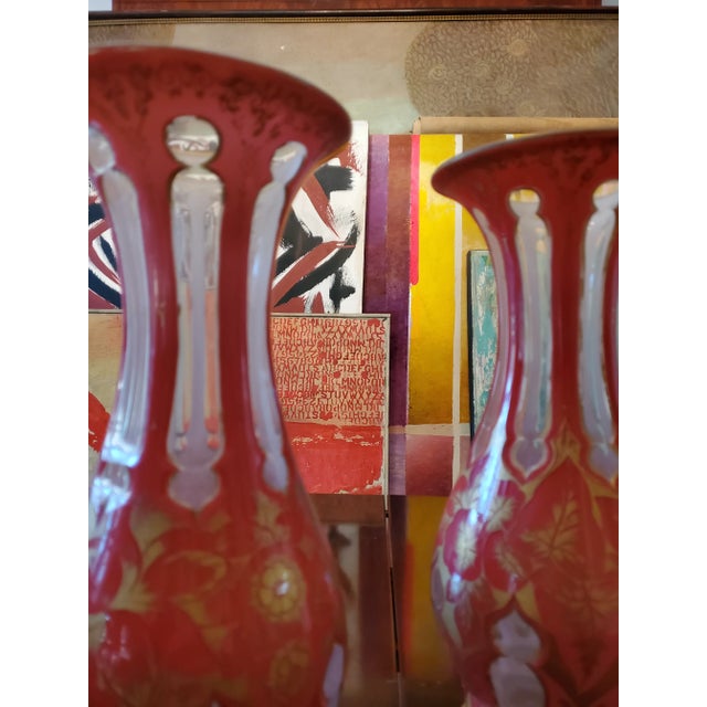 Antique Bohemian Glass Moser Overlay Pink Vases - a Pair For Sale In Boston - Image 6 of 6