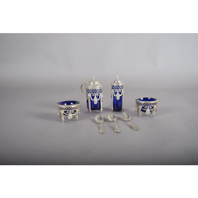 Antique Louis XVI Style Silver and Cobalt Blue Glass Condiment and Cruet Set with Spoons, 1990s, Set of 7 For Sale - Image 4 of 16