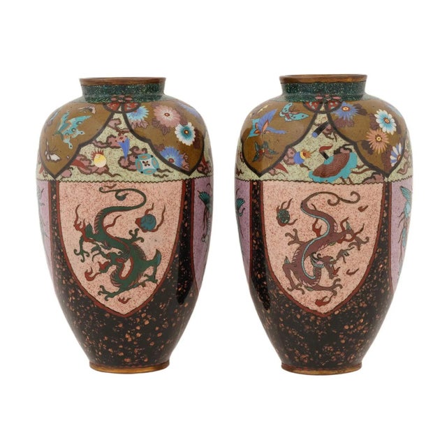 Pair of Japanese Cloisonne Enamel Pink & Purple Vases Phoenix Dragon Goldstone For Sale - Image 4 of 7