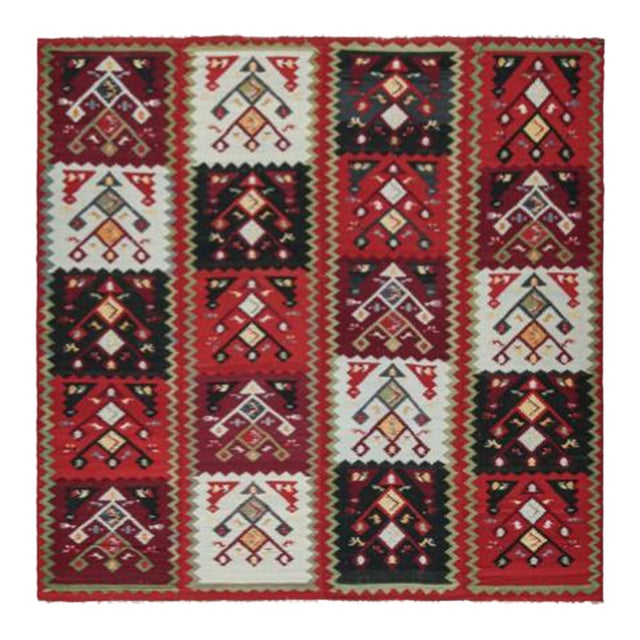 1950s Vintage Persian Kilim in Red, Black & White Geometric Patterns, From Rug & Kilim For Sale
