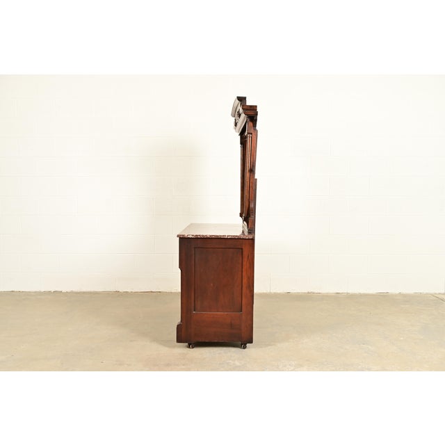 Herter Brothers Style Antique Eastlake Victorian Carved Burled Walnut Marble Top Dresser With Mirror, Circa 1880s For Sale - Image 15 of 17