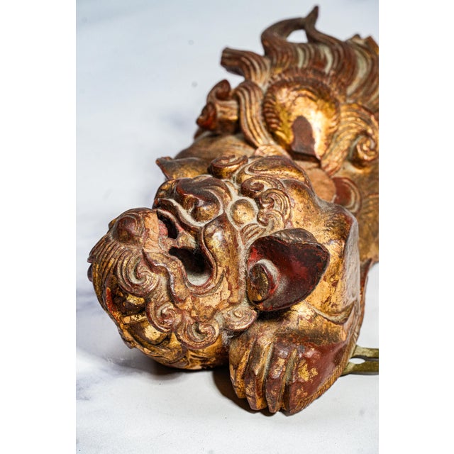 Hand Carved Antique Chinese Guardian Lion Wall Plaque Gilt Foo Dog Sculpture Asian Home Decor For Sale In New York - Image 6 of 17