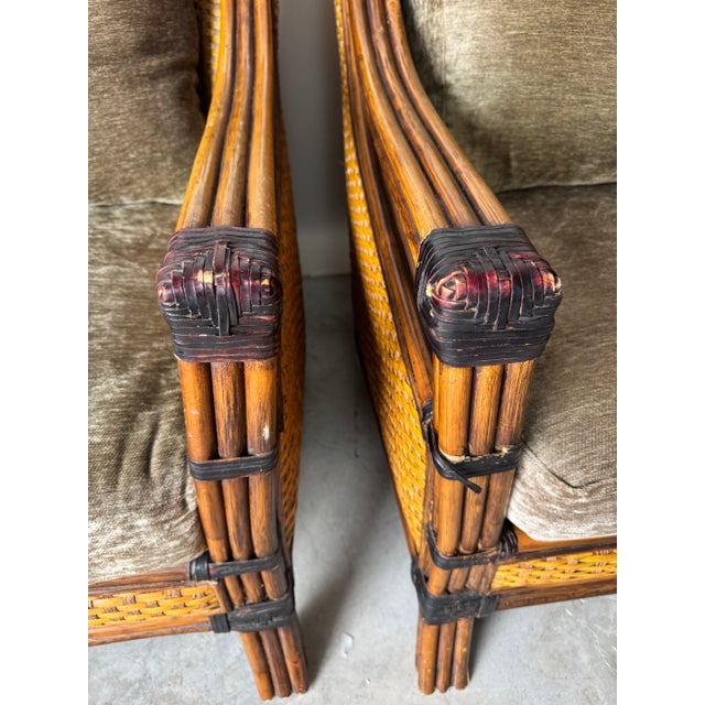 Brown SOLDModern Mandalay Coastal Organic Rattan and Leather Lounge Chairs With Ottoman – Set of 3 For Sale - Image 8 of 12