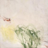 Original Abstract Acrylic Painting on Canvas 16x16, Minimalist Wall Art, Modern Green and Yellow Textured Artwork, Neutral Expressive Small Painting For Sale