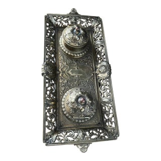 Antique Brass Double Inkwell Stand For Sale