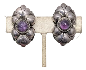 Vintage 1940s Silver Made in Mexico Amethyst Cabochon Clip Earrings-2 Pieces