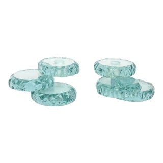 Vintage Signed Sea Green Glass Tiered Candlesticks Pair Of, 1993 For Sale