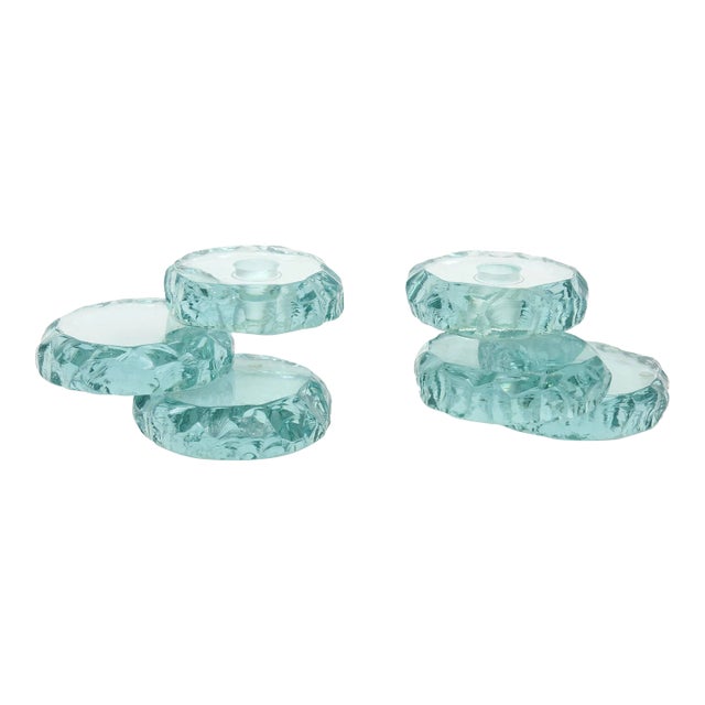 Vintage Signed Sea Green Glass Tiered Candlesticks Pair Of, 1993 For Sale