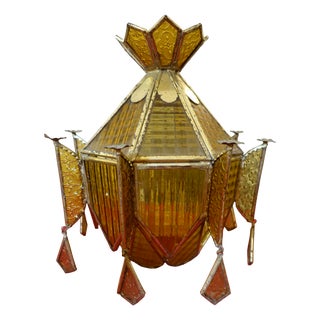 Vintage Art Deco Stained Glass Lantern Chandelier, 1920s For Sale