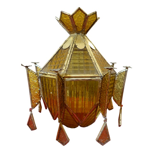 Vintage Art Deco Stained Glass Lantern Chandelier, 1920s For Sale