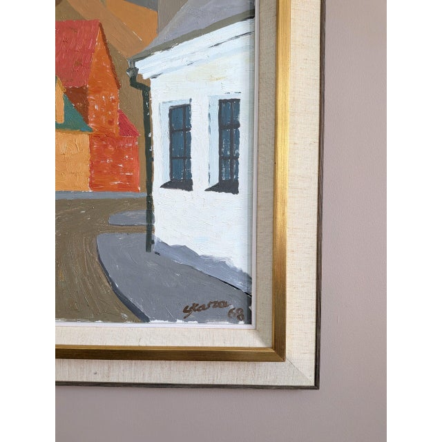 Textile 1968 Mid-Century 'Where the Street Bends' Vintage Swedish Street Scene Landscape Oil Painting, Framed For Sale - Image 7 of 11