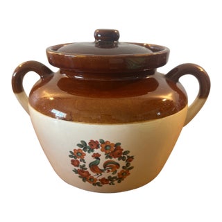 Vintage McCoy Pottery Bean Crock With Rooster in Brown and Cream Stoneware With Lid For Sale