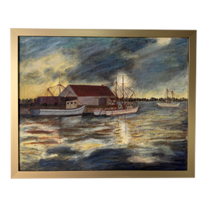 1970’s Vintage Harbor Scene With Fishing Boats – Oil on Canvas Painting