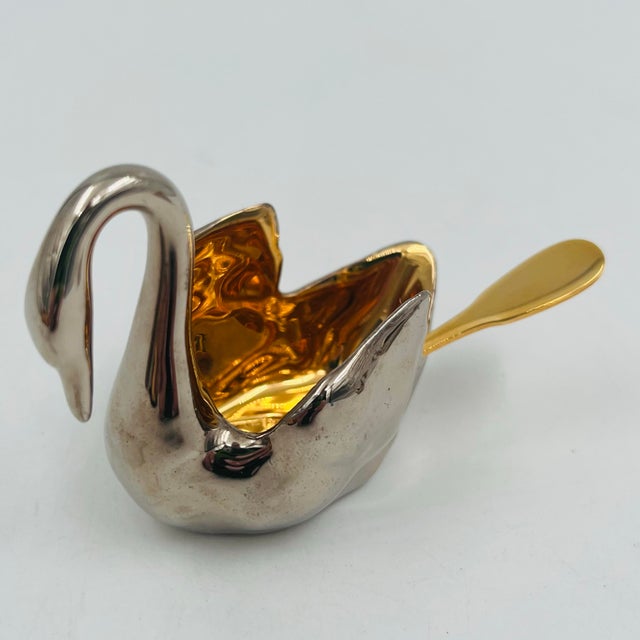Limoges, France Vintage Limoges Silver/Platinum and Gold Plated Porcelain Swan Salt Cellar With Gold Plated Spoon For Sale - Image 4 of 12