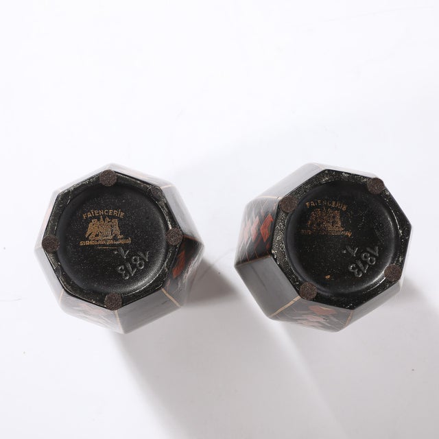 Pair of Art Deco Ceramic Vases W/ Geometric Motifs Signed Faincerie St Ghislain For Sale - Image 13 of 14