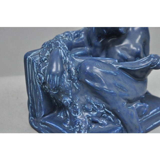 Antique Rookwood Blue Glazed Ceramic Nude Female Figure Reading Book Bookend For Sale In Philadelphia - Image 6 of 16