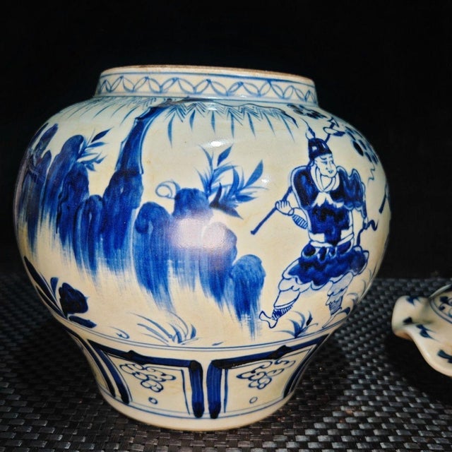 Ceramic Blue and White Figural Story Lotus Leaf Ginger Jar, Chinoiserie Decorative Porcelain Canister For Sale - Image 7 of 9