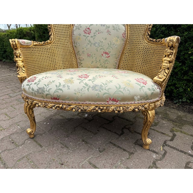 1960s 1960 French Louis XVI Gold Beech Damask Settee 1pc For Sale - Image 5 of 13
